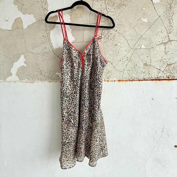 Leopard Print Satin Slip Dress Red Trim Double Strap Lingerie Style M - Picture 1 of 5